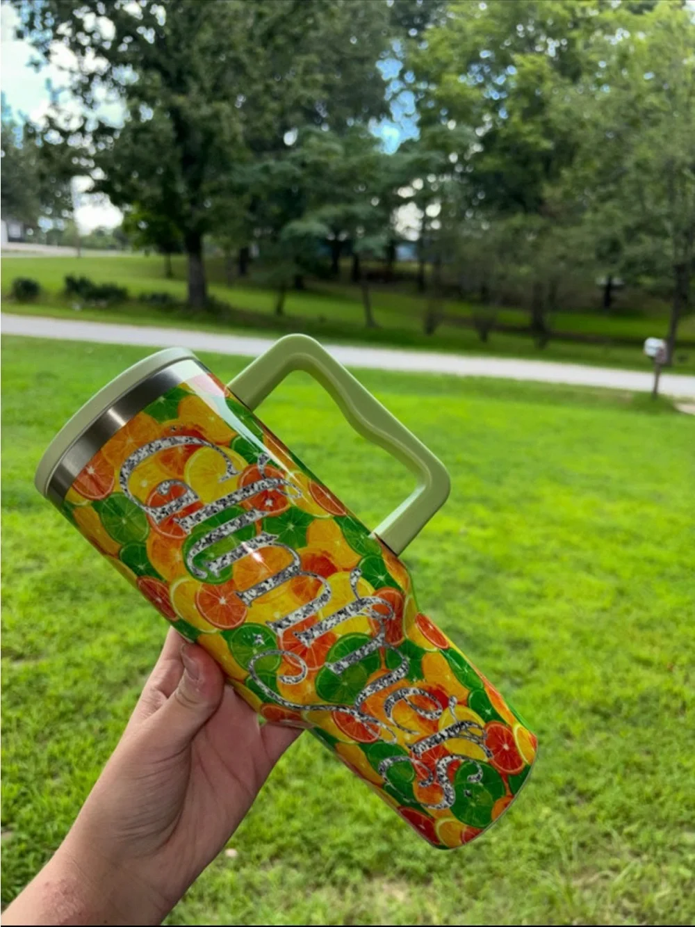 Green Citrus Pattern Travel Tumbler with Handle